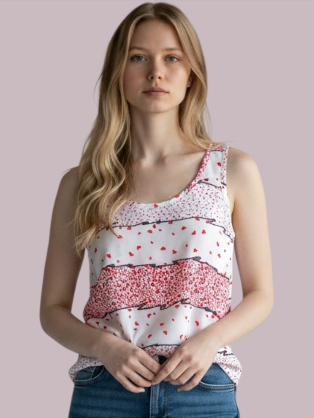 Misope Red Heart Print Bow Back Tank Top Small Made in USA High Low